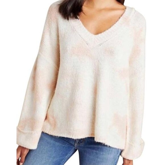 Anthropologie Maggie Oversized V-Neck Pink Cream Pullover Sweater Women's Medium - Picture 1 of 13